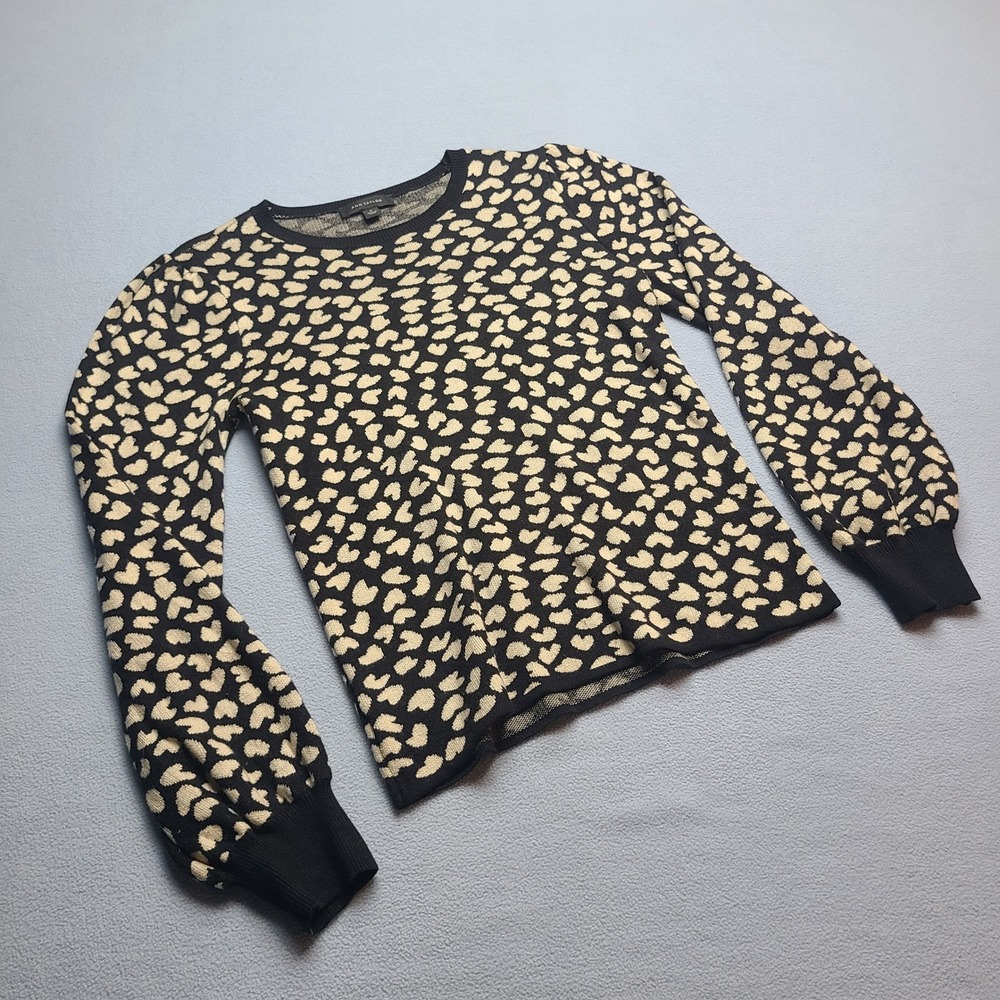 Ann Taylor Heart Print Sweater Womens Medium Black Cream Excellent Puff Sleeve